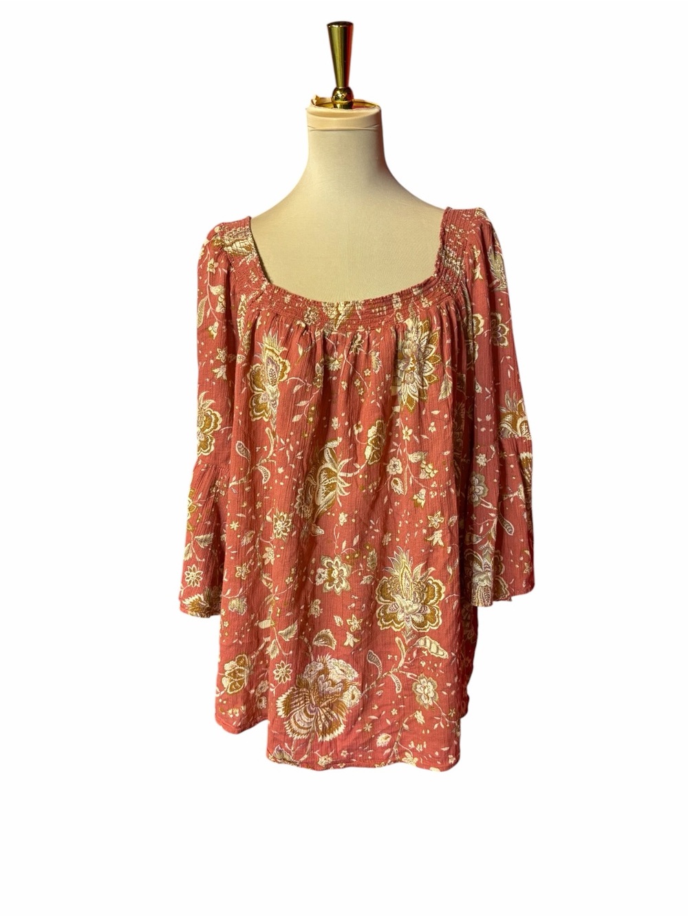 Chaps Rust Floral Peasant Blouse Smocked Neck 3/4 Sleeve Plus Size 3X